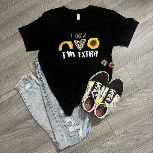 I Know I'm Extra Women's Graphic Tee | White Black| Sunflower Rainbow Leopard Heart T-Shirt