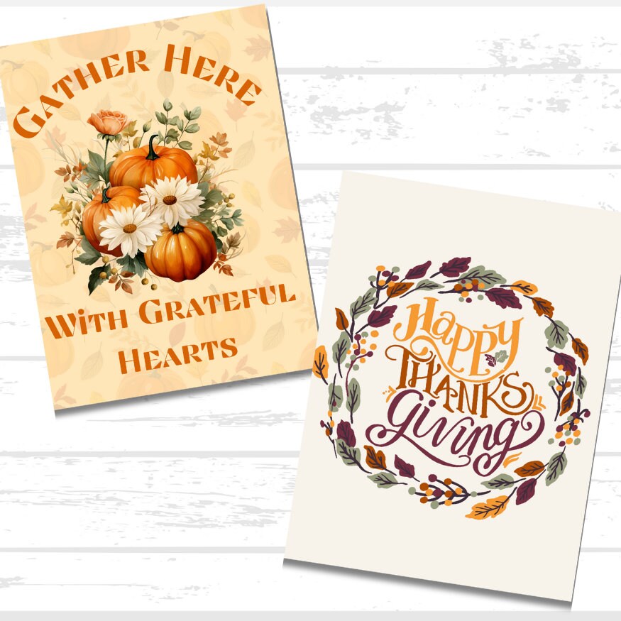 Thanksgiving Printable Paper Bundle | Grateful Thankful Blessed | Thanksgiving Wall Decor Art | Pumpkins Leaves Sunflowers | Turkey Day