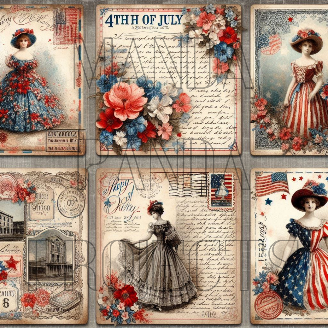 Patriotic Victorian Lady Junk Journal Cards Printable Bundle