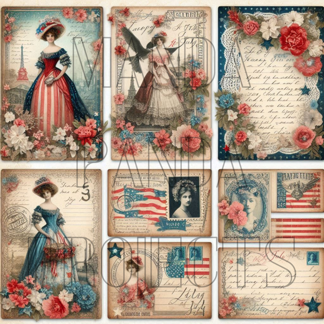 Patriotic Victorian Lady Junk Journal Cards Printable Bundle