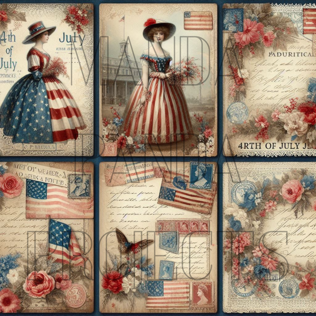 Patriotic Victorian Lady Junk Journal Cards Printable Bundle