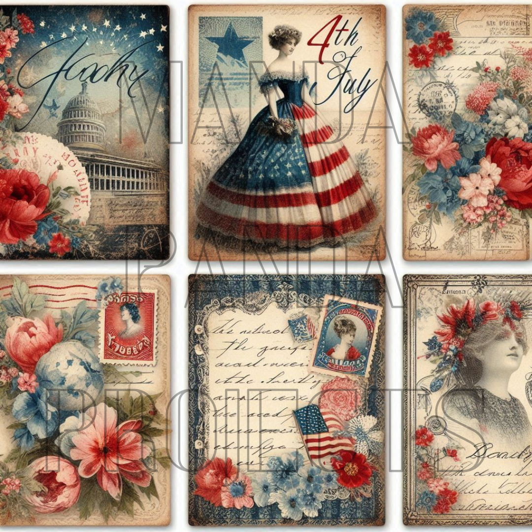 Patriotic Victorian Lady Junk Journal Cards Printable Bundle