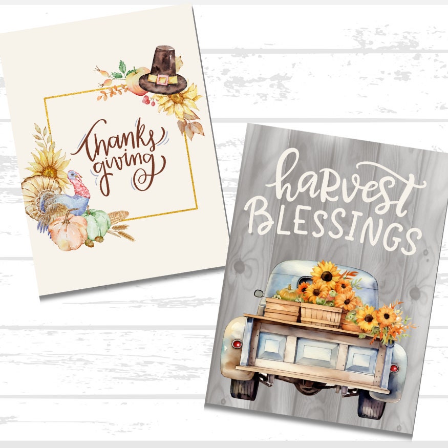Thanksgiving Printable Paper Bundle | Grateful Thankful Blessed | Thanksgiving Wall Decor Art | Pumpkins Leaves Sunflowers | Turkey Day