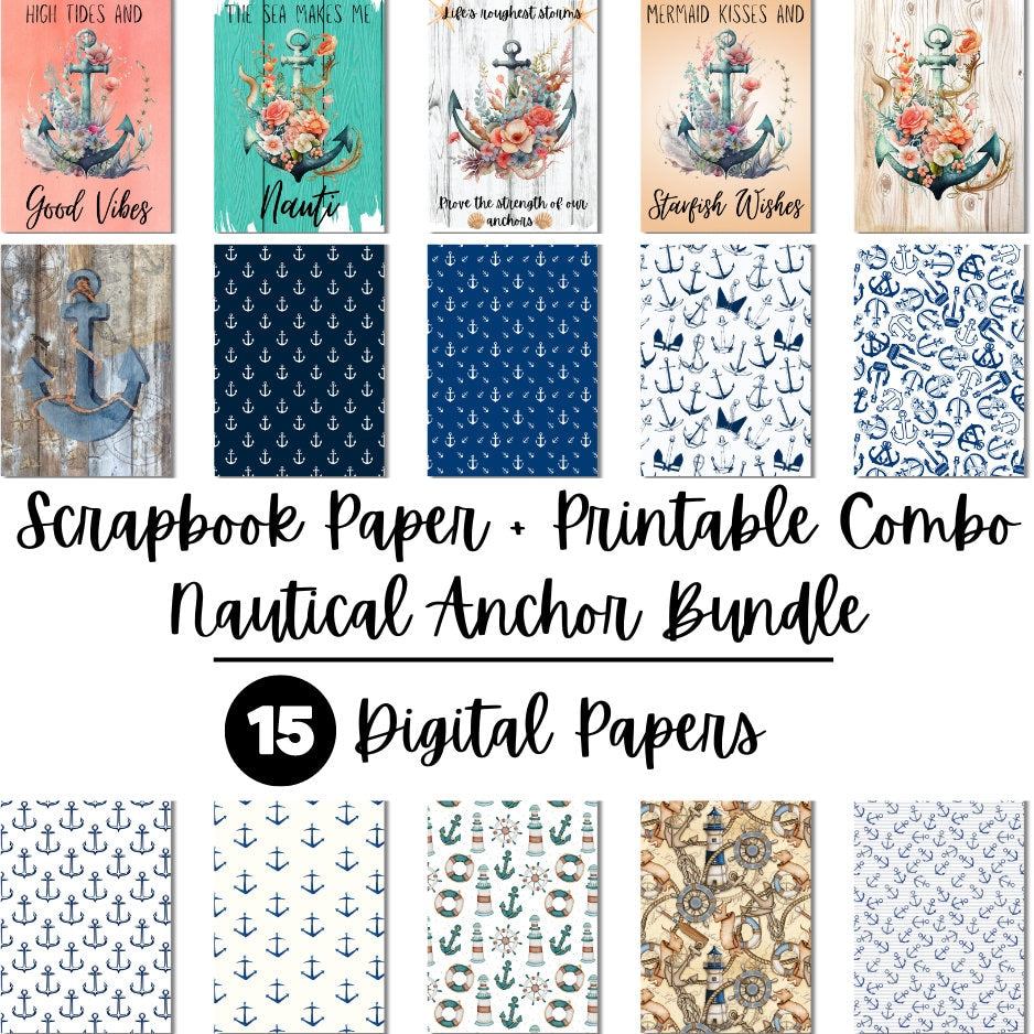 Nautical Printable & Scrapbook Paper Bundle | Coastal Beach Anchor