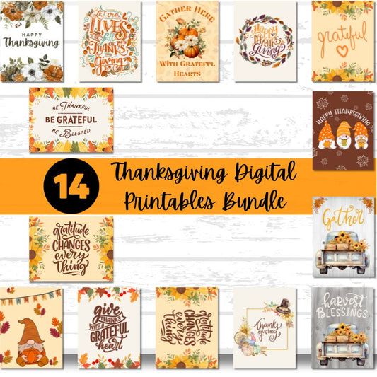 Thanksgiving Printable Paper Bundle | Grateful Thankful Blessed | Thanksgiving Wall Decor Art | Pumpkins Leaves Sunflowers | Turkey Day