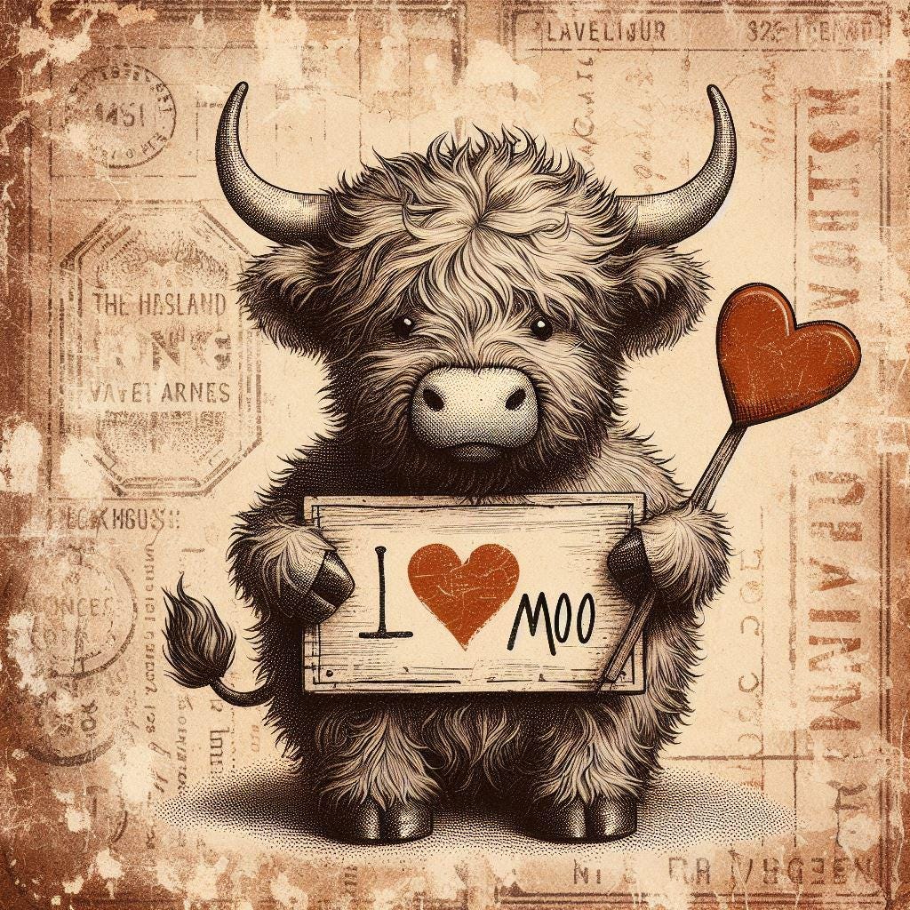 Vintage Valentines Day Highland Cow Printable Bundle