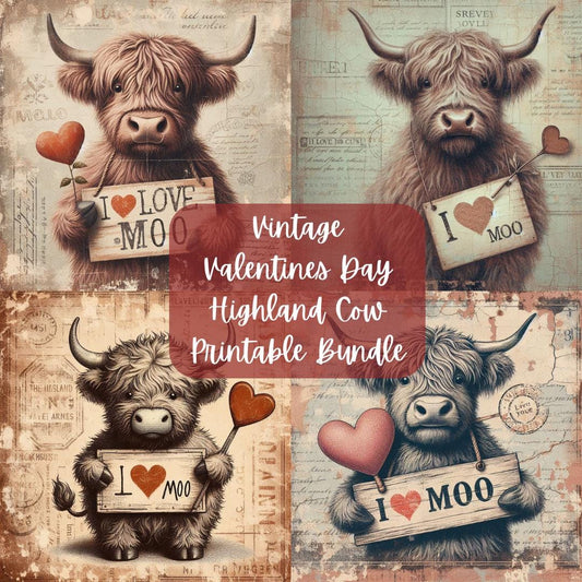 Vintage Valentines Day Highland Cow Printable Bundle