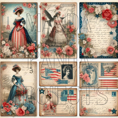Patriotic Victorian Lady Junk Journal Cards Printable Bundle