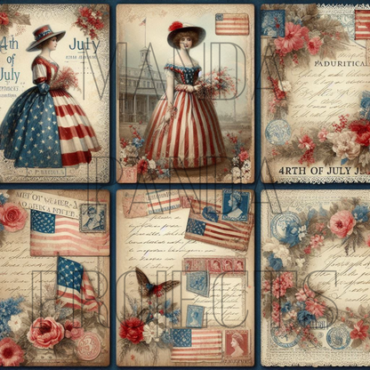 Patriotic Victorian Lady Junk Journal Cards Printable Bundle
