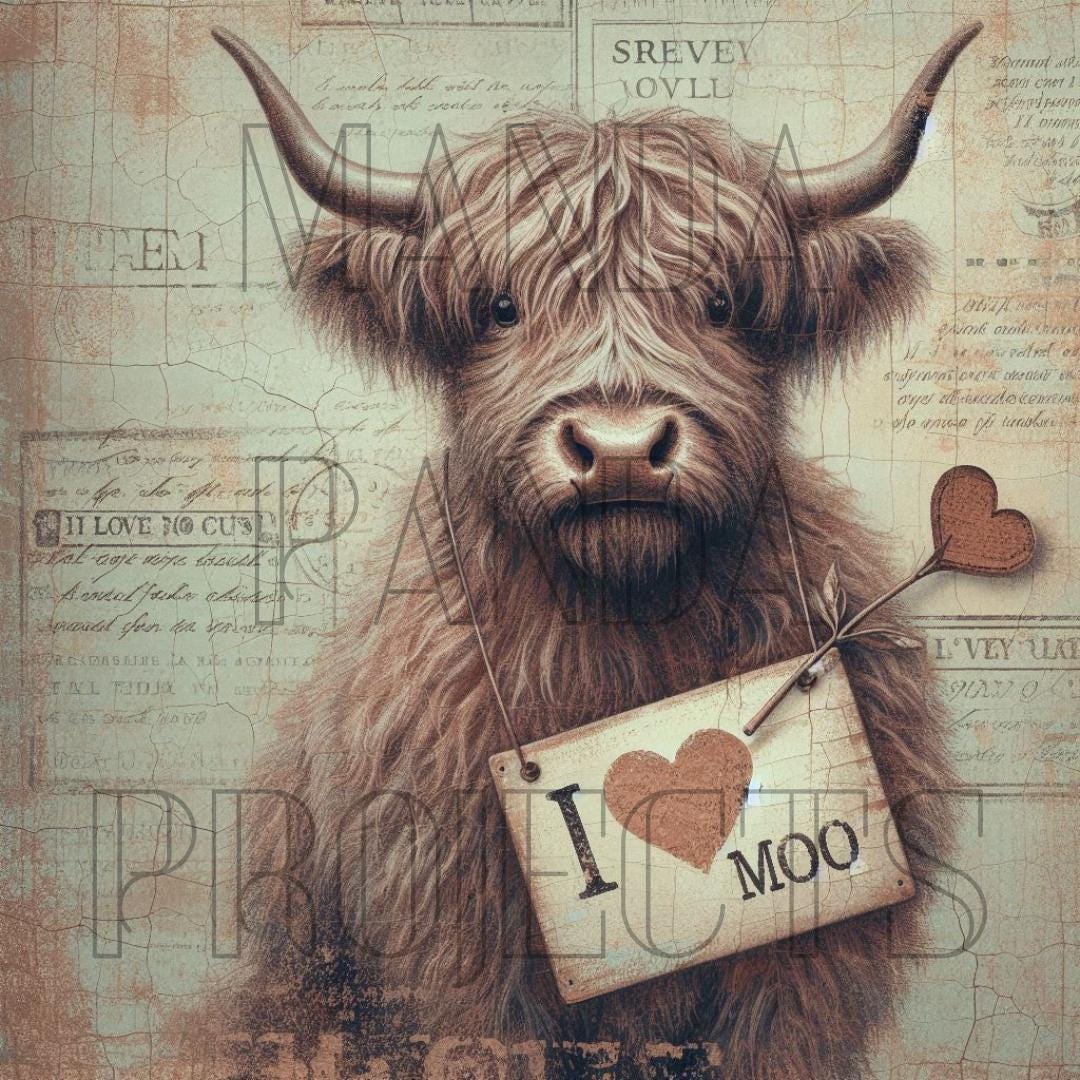 Vintage Valentines Day Highland Cow Printable Bundle