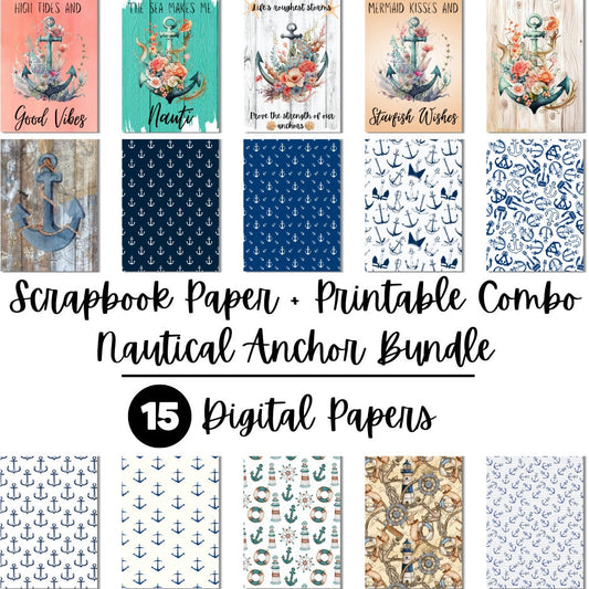 Nautical Printable & Scrapbook Paper Bundle | Coastal Beach Anchor