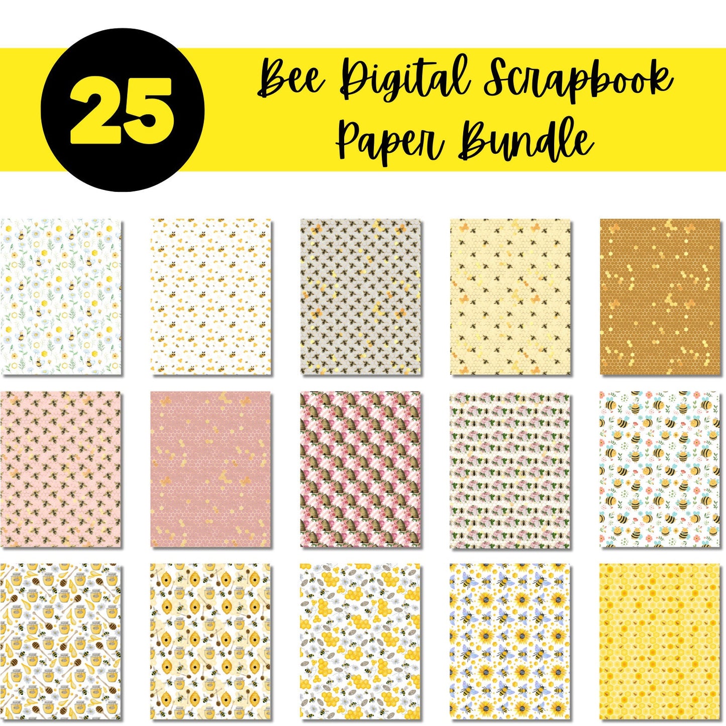 Bee Printable Scrapbook Paper Bundle | Honeycomb Beehive Honey Jar Bumblebee