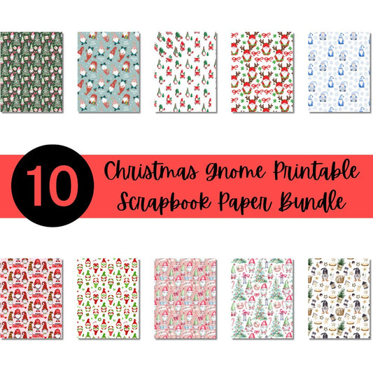 Christmas Gnomes Printable Scrapbook Paper Bundle | Winter Holiday Gnomes