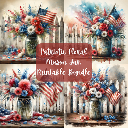 Patriotic Floral Mason Jar Printable Bundle