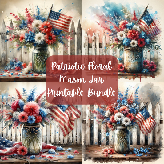 Patriotic Floral Mason Jar Printable Bundle