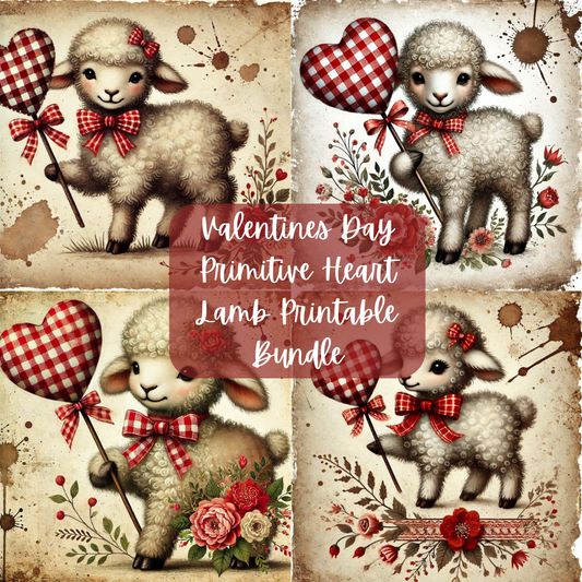 Valentines Day Primitive Heart Lamb Printable Bundle